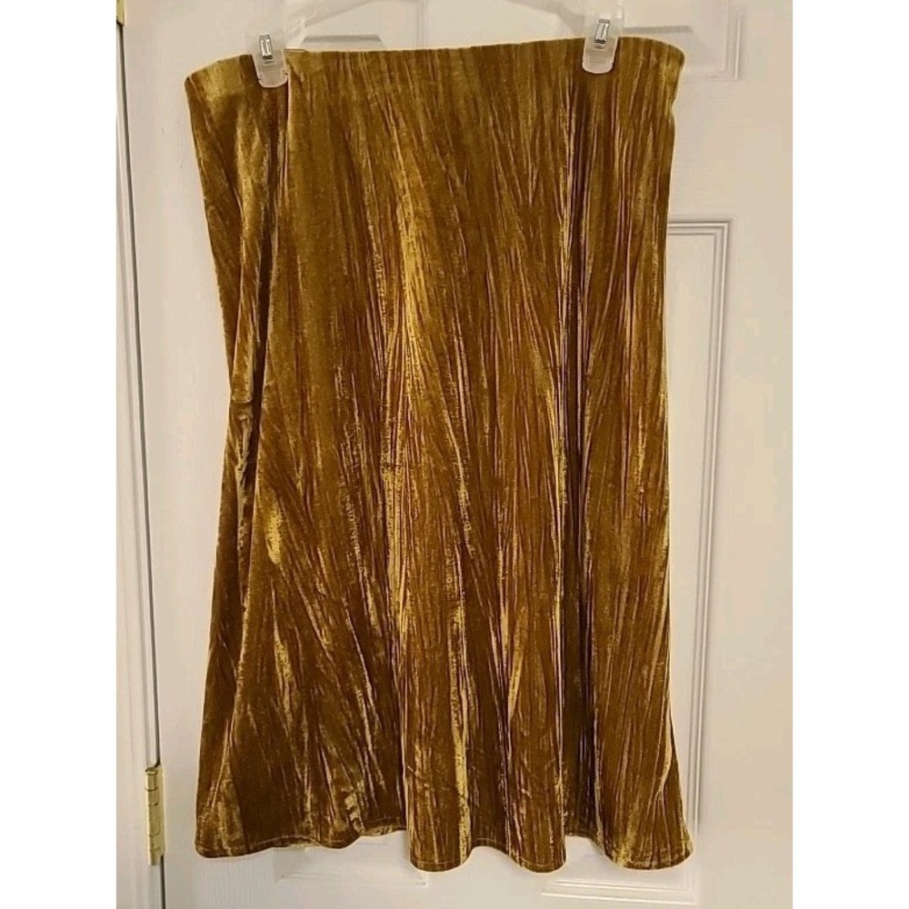 LOFT Beautiful Gold Color Flared Midi Skirt, Soft Velvet Texture, Elastic Waist